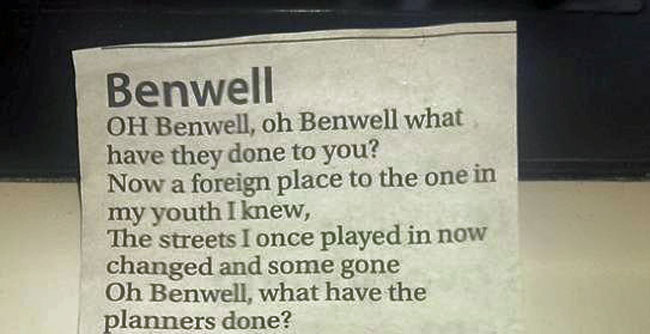 Bad poetry in local newspapers strikes again: An ode to Benwell, may it rest in peace