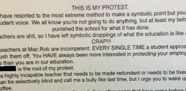 Student at posh Australian school starts dirty protest over teachers’ performance