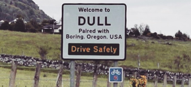 The Scottish village of Dull (twinned with Boring, OR) celebrates meeting with Bland, NSW