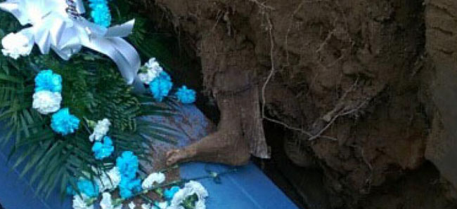 Relatives shocked to see a spare FOOT appear in grave during funeral