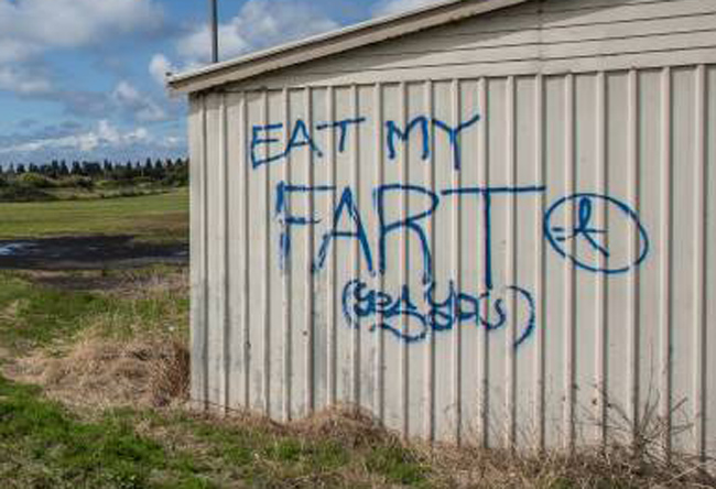 Quality Eat My Fart graffiti work turns local gas works site into a “disgrace”