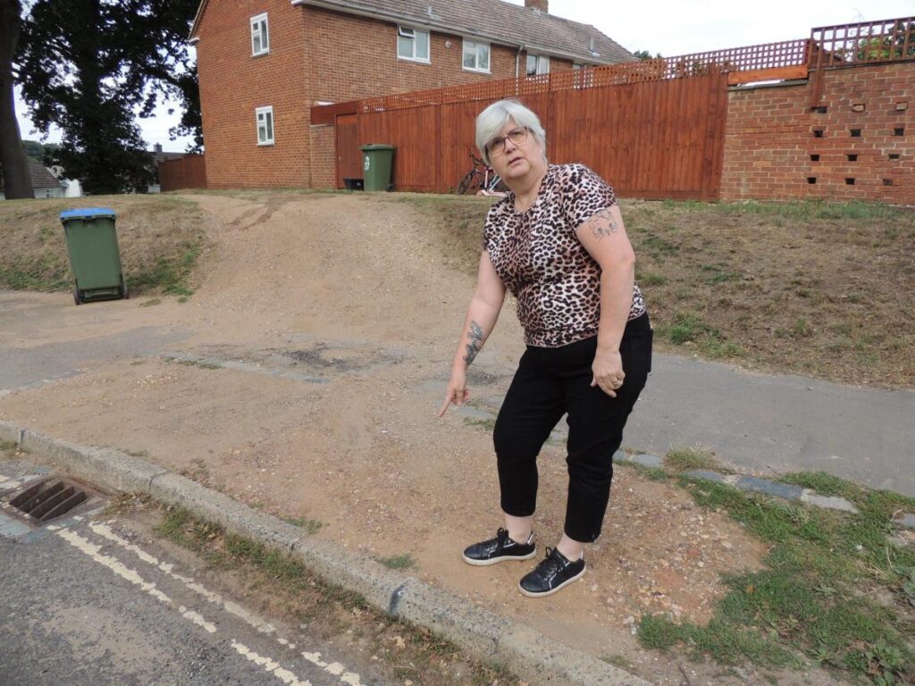Woman pointing at the kerbside she 'occasionally' drives over